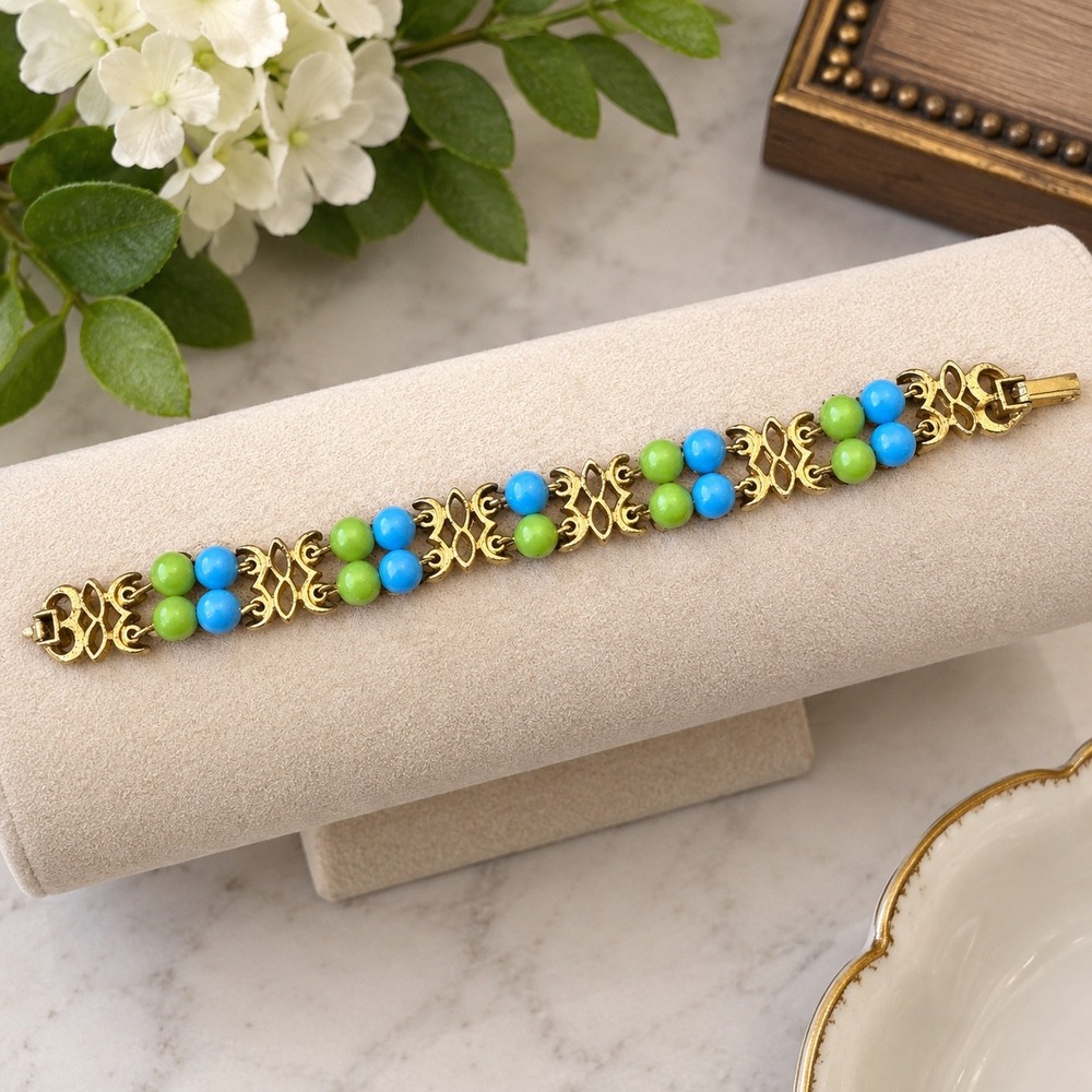 Vintage Blue Green Beaded Gold Tone Link Bracelet Retro Statement Jewelry